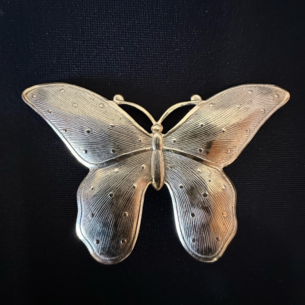 Vintage  Gold Tone Butterfly Textured  With Dots and Stripes Lightweight Brooch